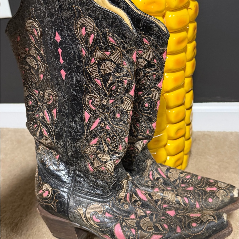 Black, tan and Pink Western Boots